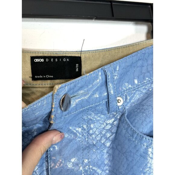 ASOS DESIGN‎ Light Blue Faux Crocodile Leather Straight Leg Pants Size 26 Y2K - Picture 4 of 14